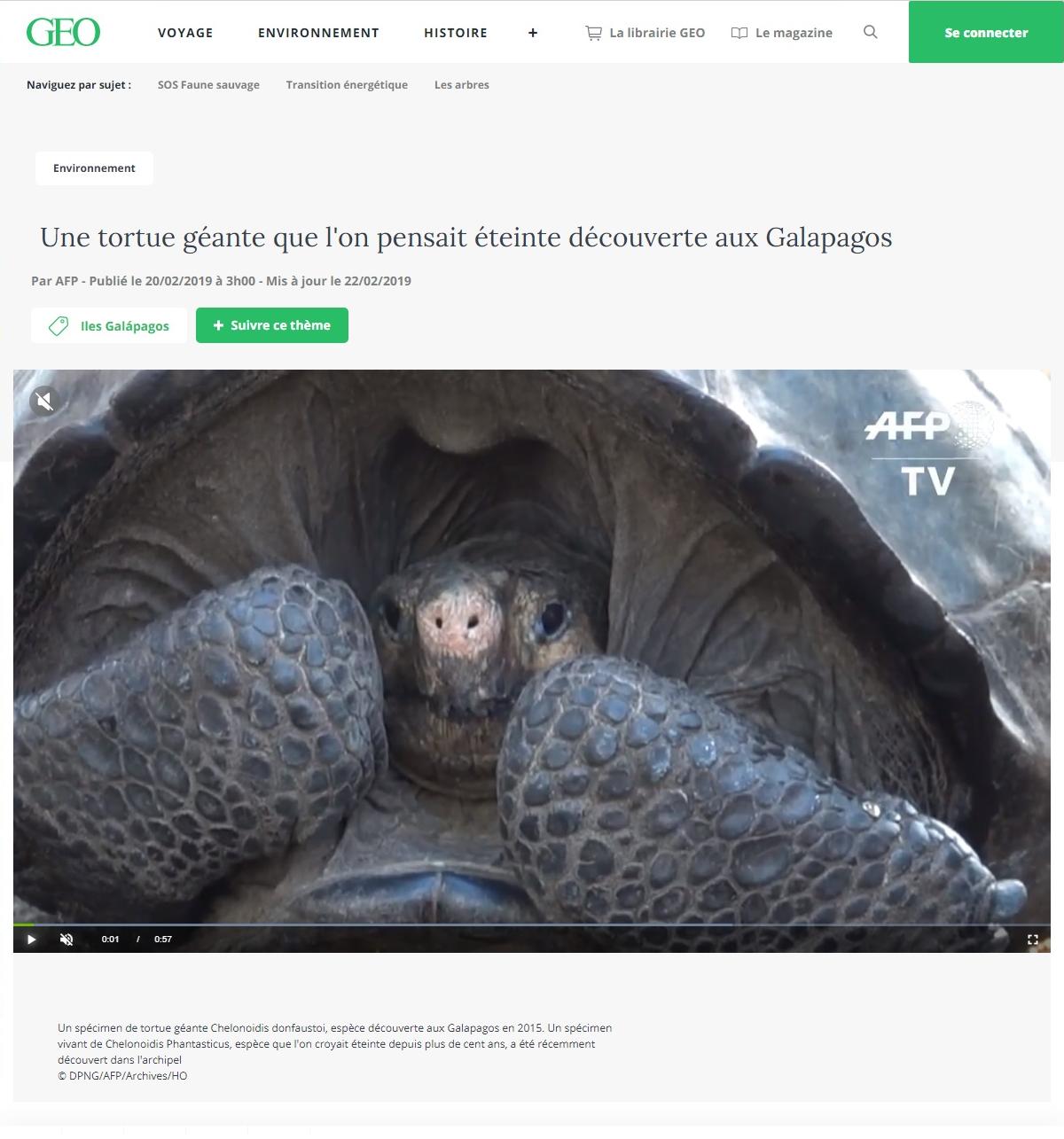 Article "Une tortue géante que l'on pensait éteinte découverte aux Galápagos".