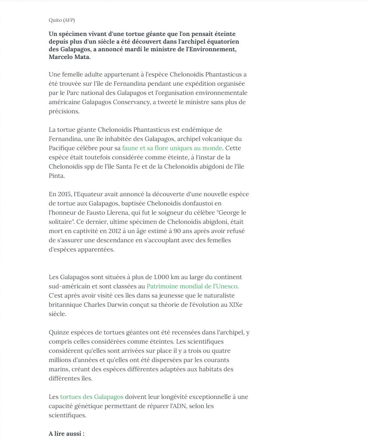 Article "Une tortue géante que l'on pensait éteinte découverte aux Galápagos".