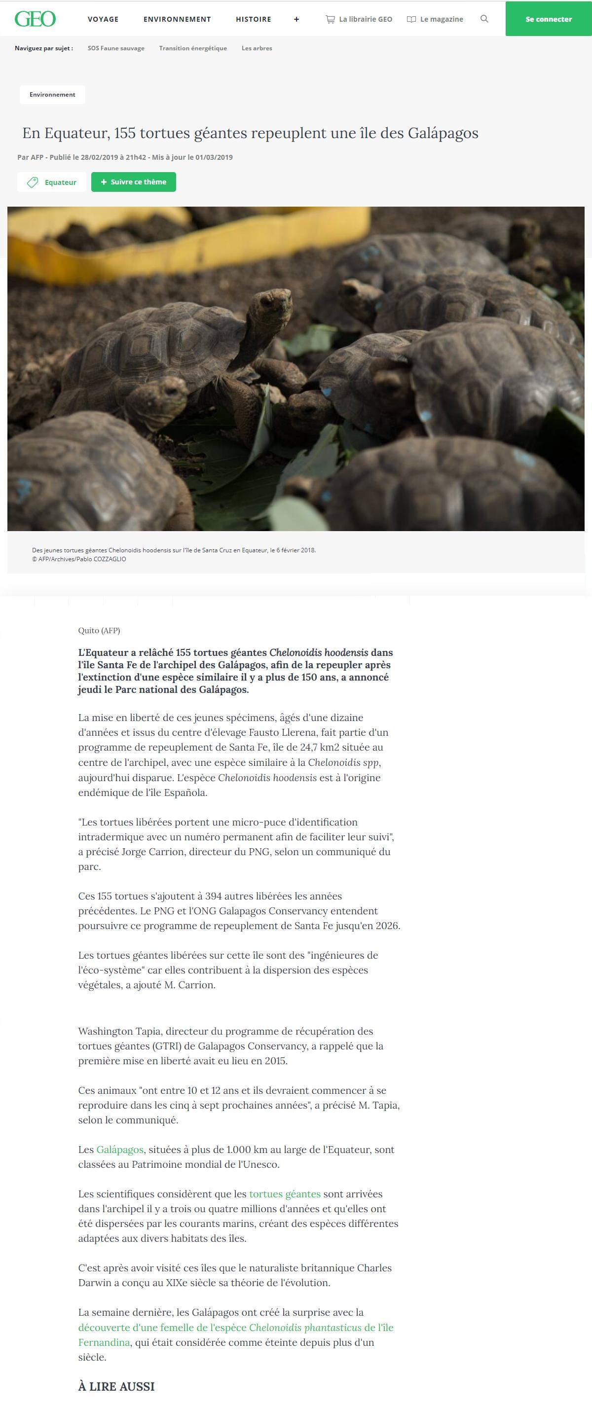 Article "En Equateur, 155 tortues géantes repeuplent une île des Galápagos".