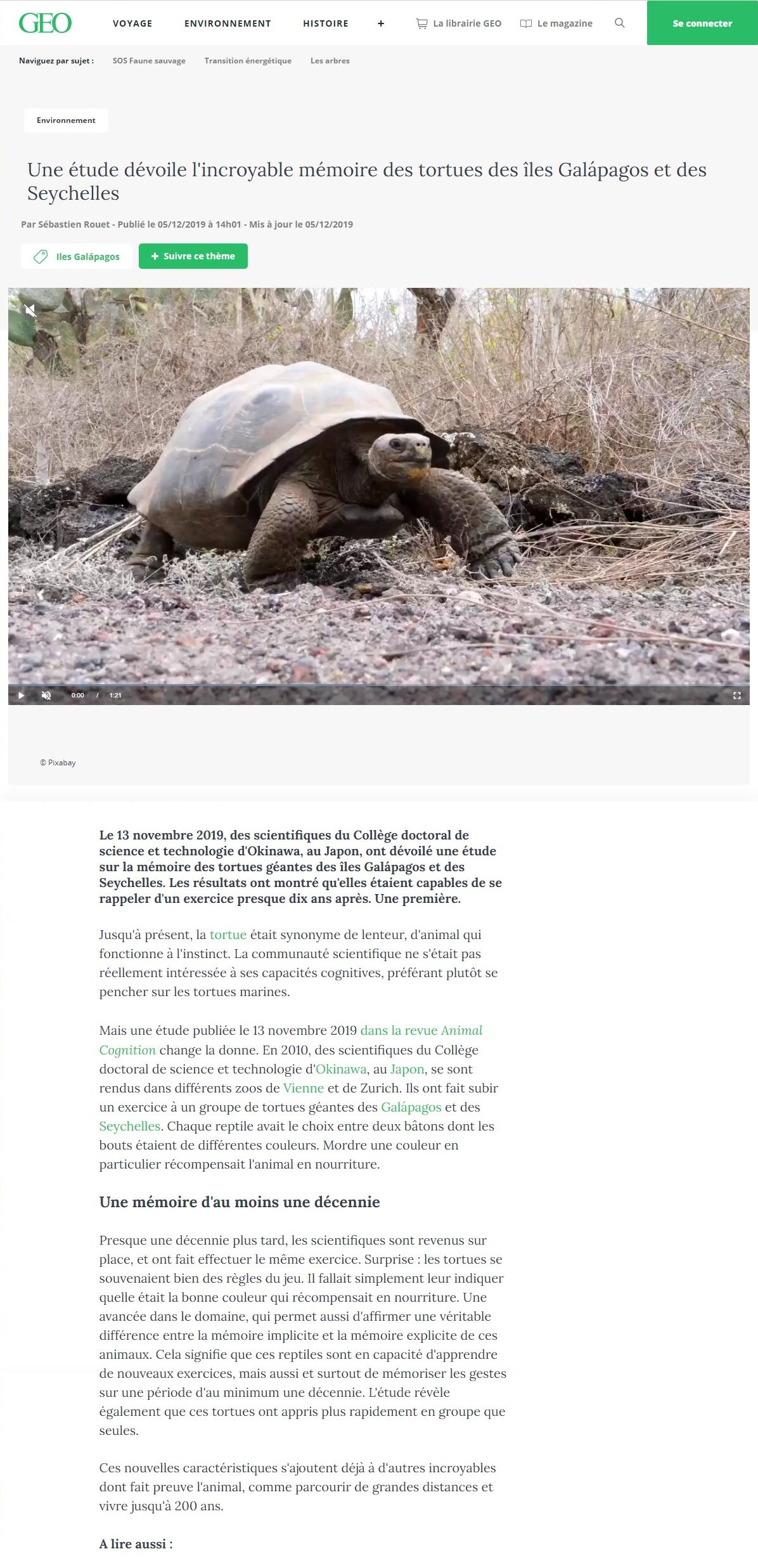 Article "Galápagos : des tortues géantes que l'on pensait éteintes redécouvertes dans l'archipel équatorien.".