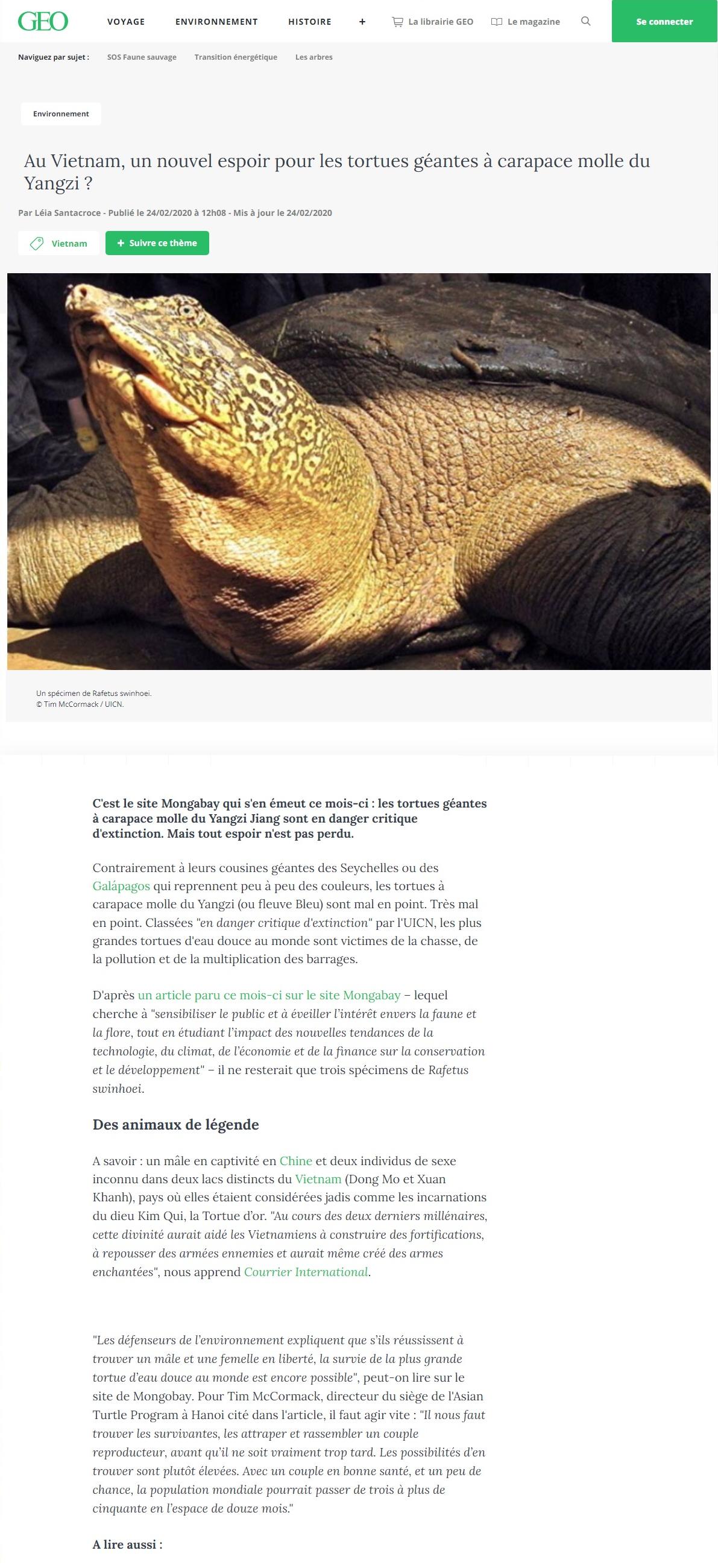 Article "Au Vietnam, un nouvel espoir pour les tortues géantes à carapace molle du Yangzi ?".