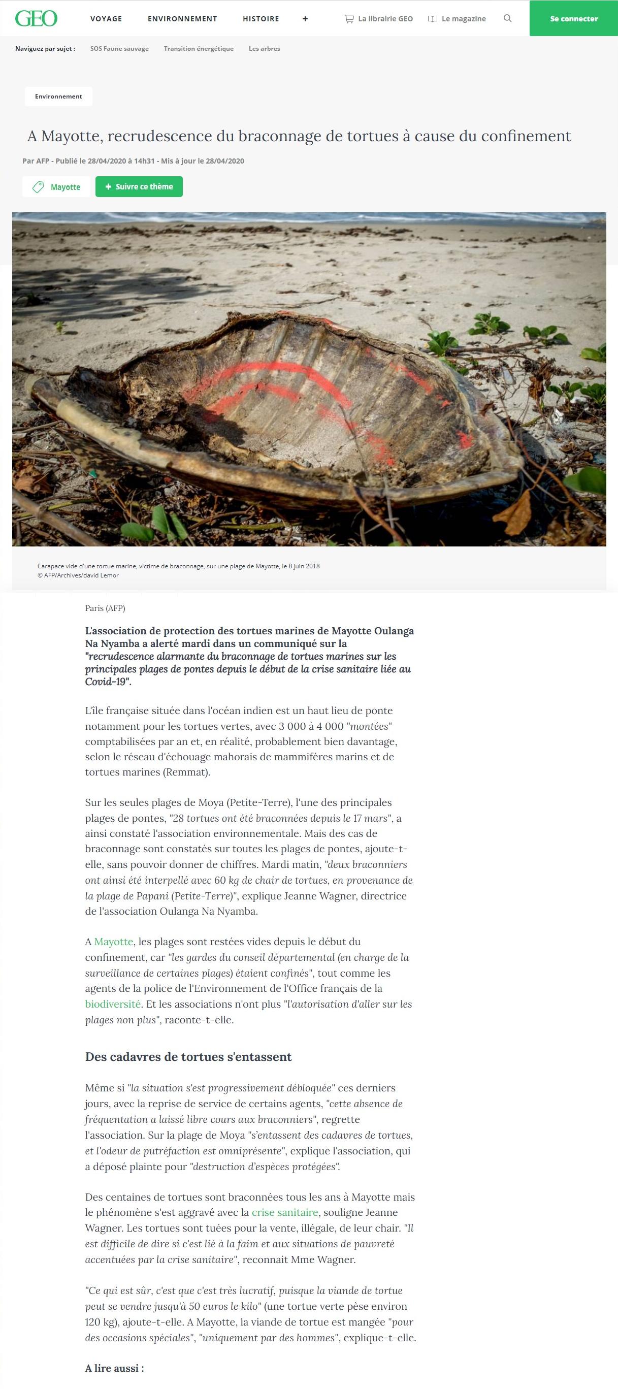 Article "A Mayotte, recrudescence du braconnage de tortues à cause du confinement".