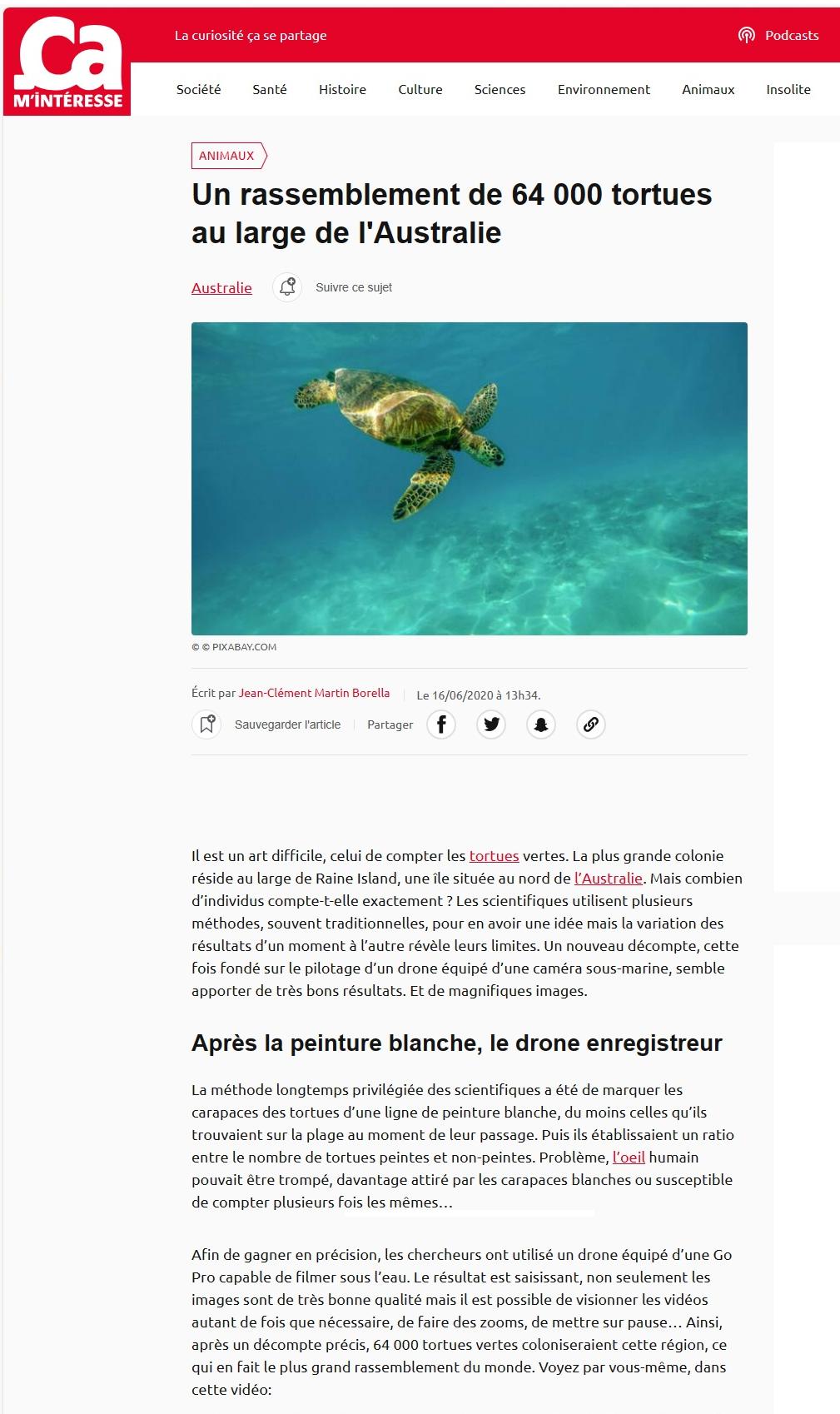 Article ça m'intéresse : un rassemblement de 64 000 tortues au large de l'Australie.